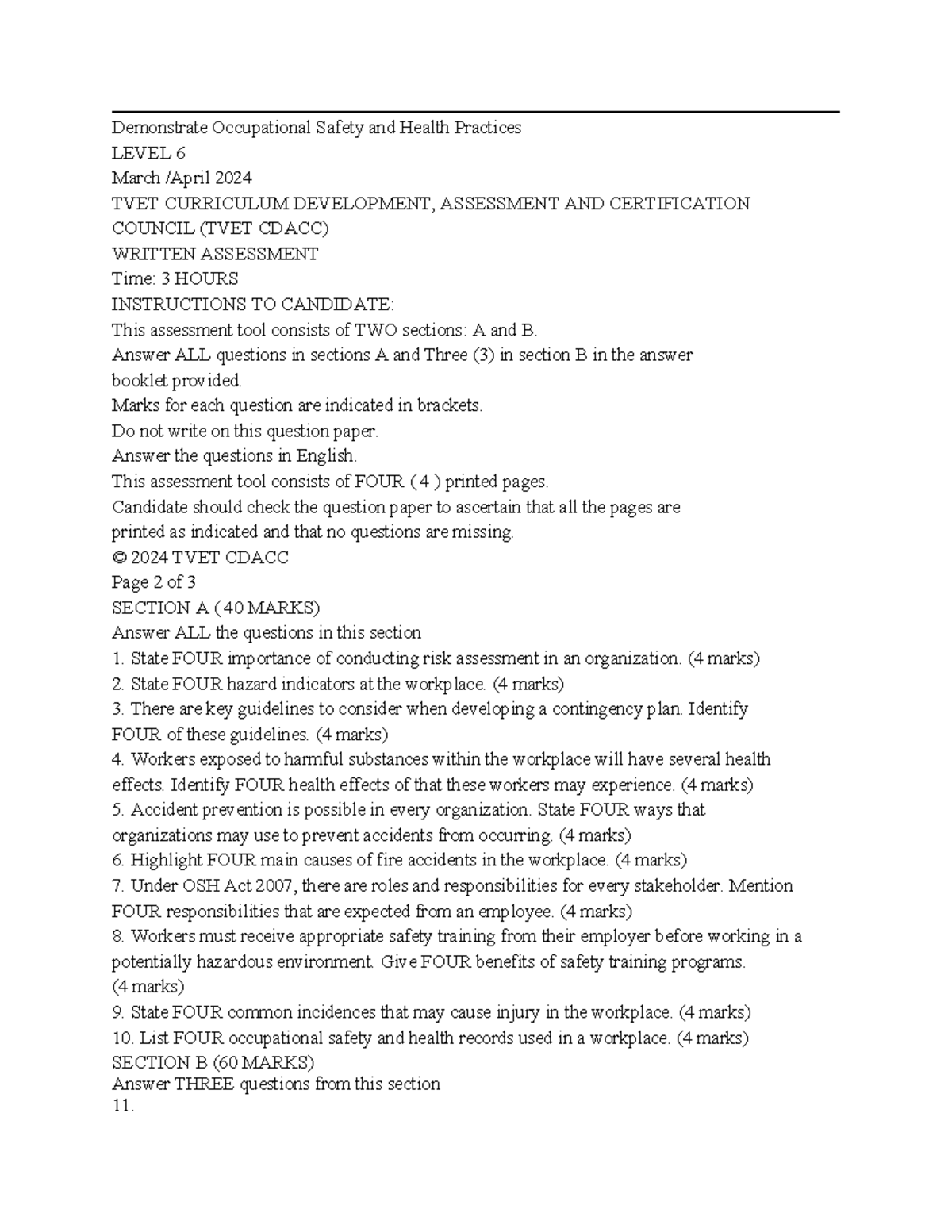 Demonstrate Occupational Safety & Health Practices - LEVEL 6 Assessment ...