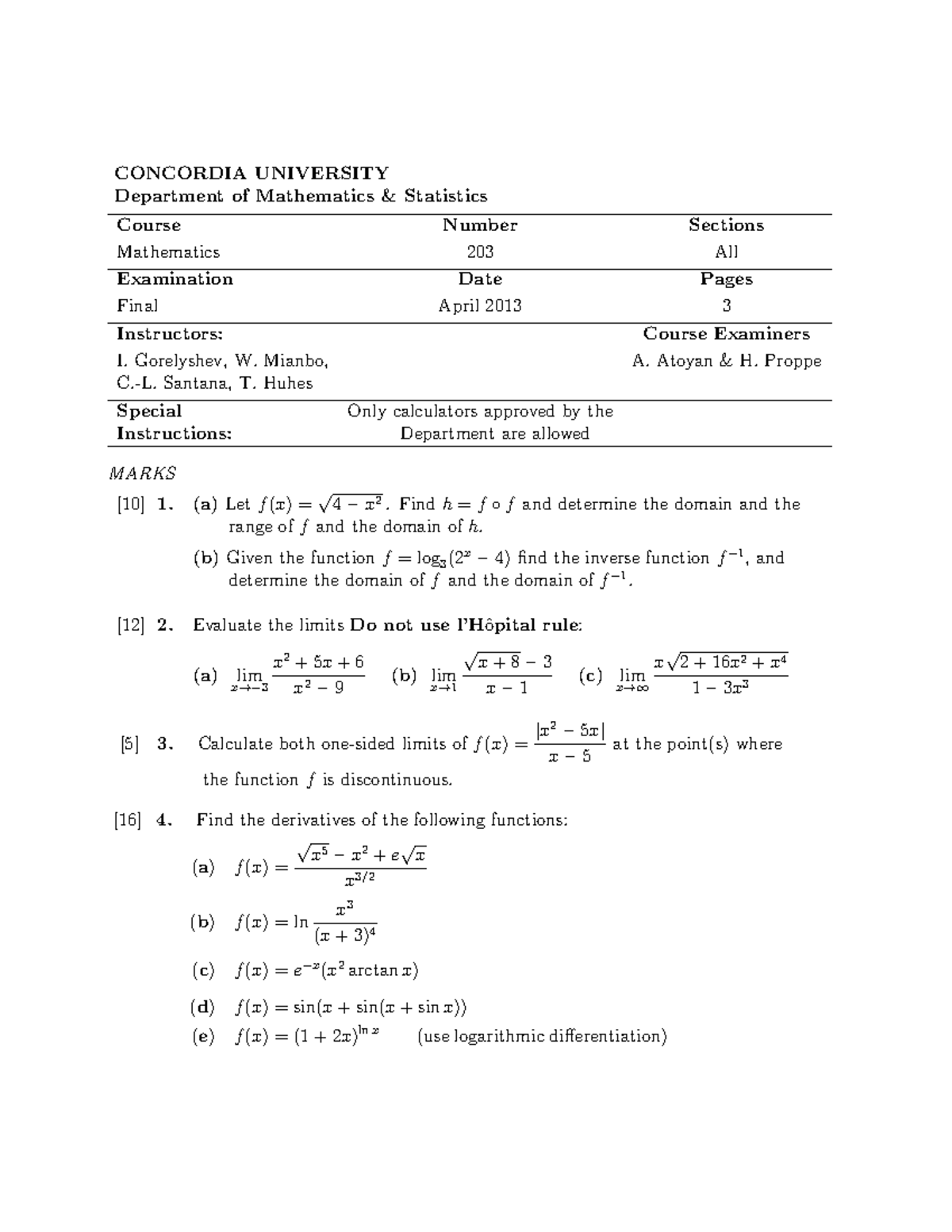 Math 203 Final Exam April 2013 - Questions and Solutions - Studocu