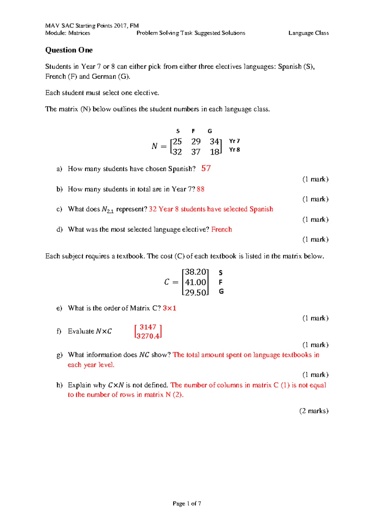 Matrices Problem Solving Task: SAC 2 Suggested Solutions - Studocu