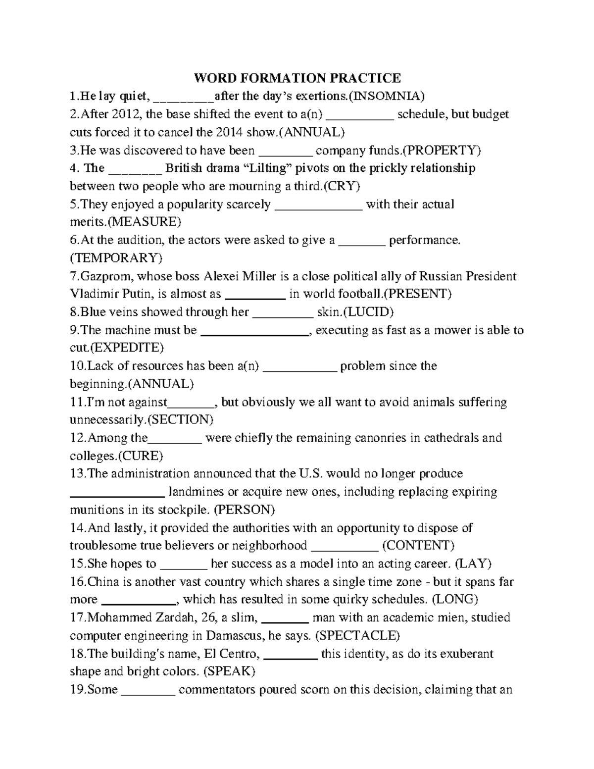 WORD FORMATION PRACTICE (ADVANCED) - Exercises and Examples - Studocu