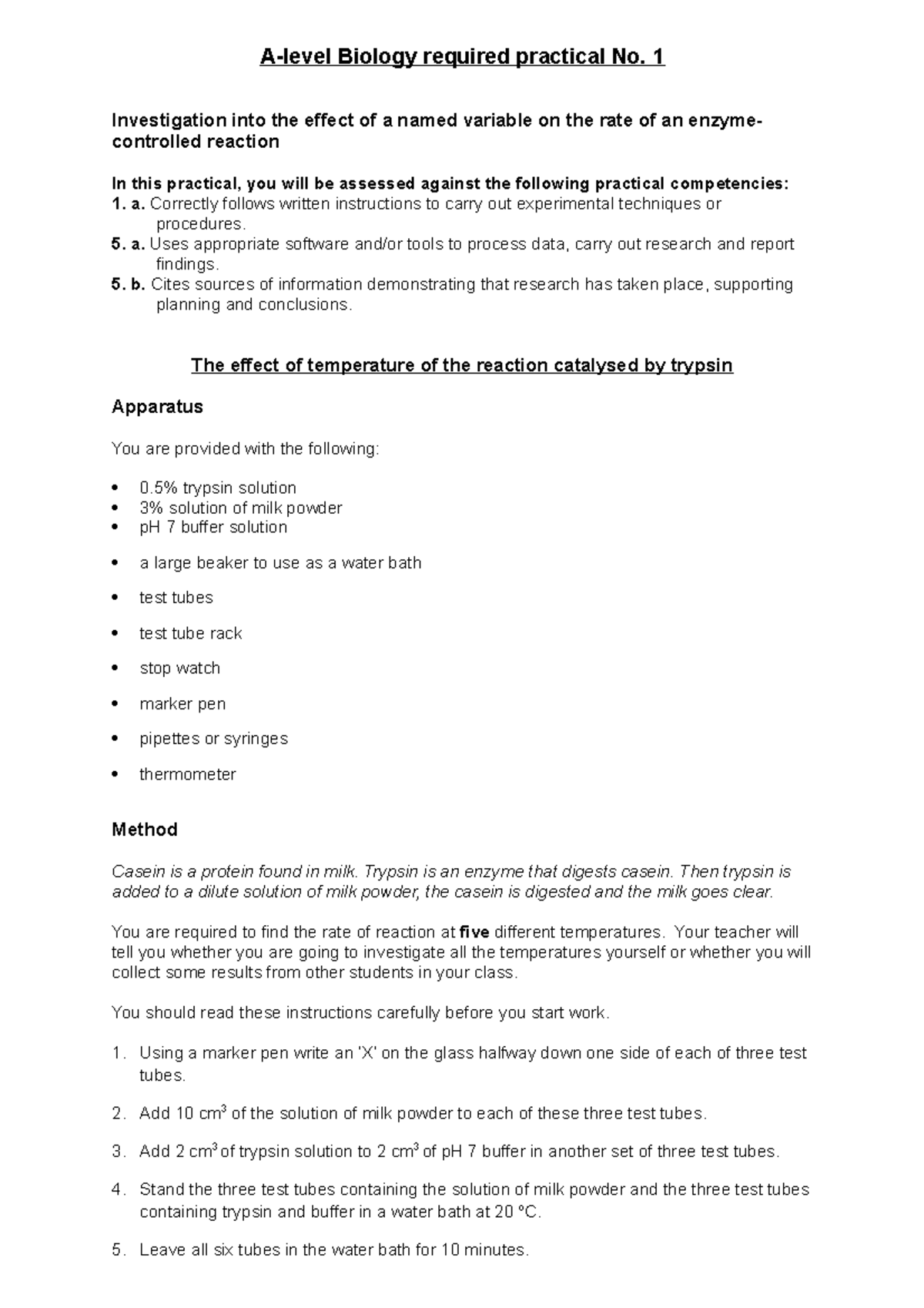 A-Level Biology Practical 1: Enzyme Reaction Rate Investigation - Studocu