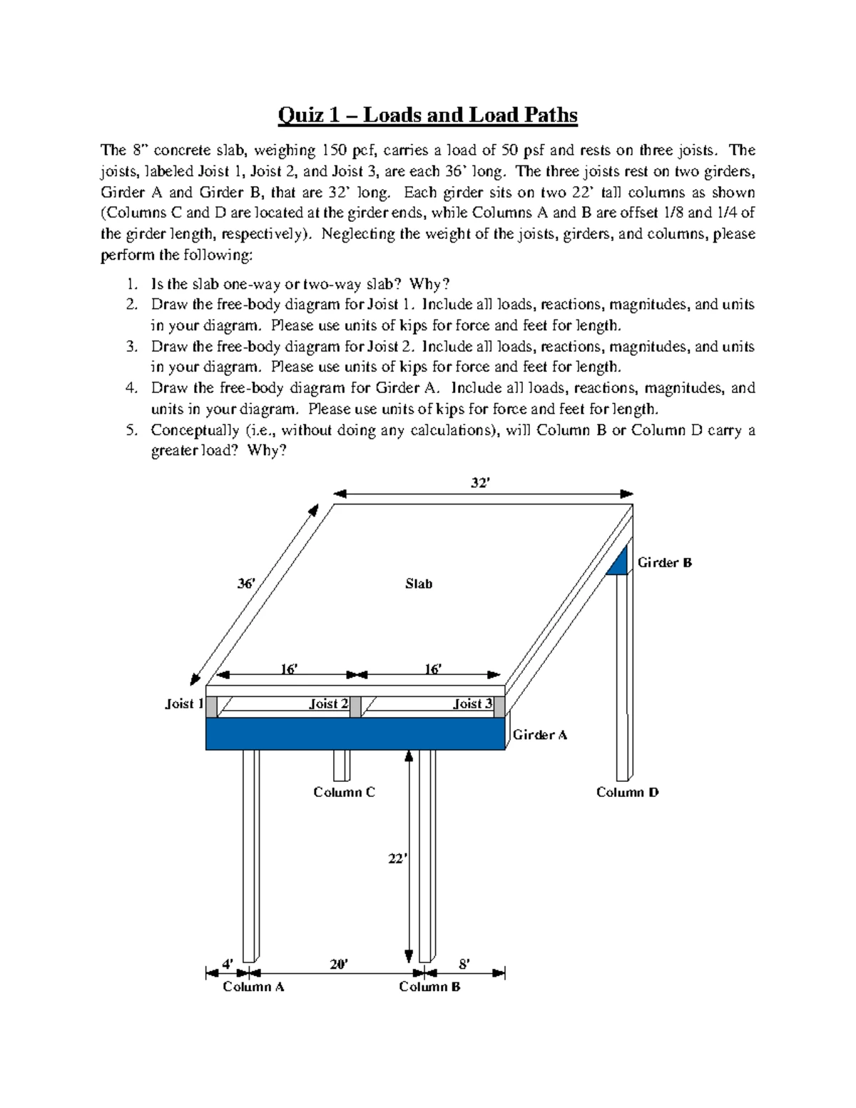 Practice Quiz 1a - Loads and Load Paths - The floor framing plan for a ...