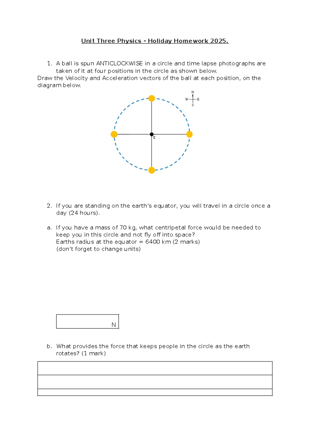 Unit 3 Physics Holiday Homework 2025: Circular Motion Analysis - Studocu