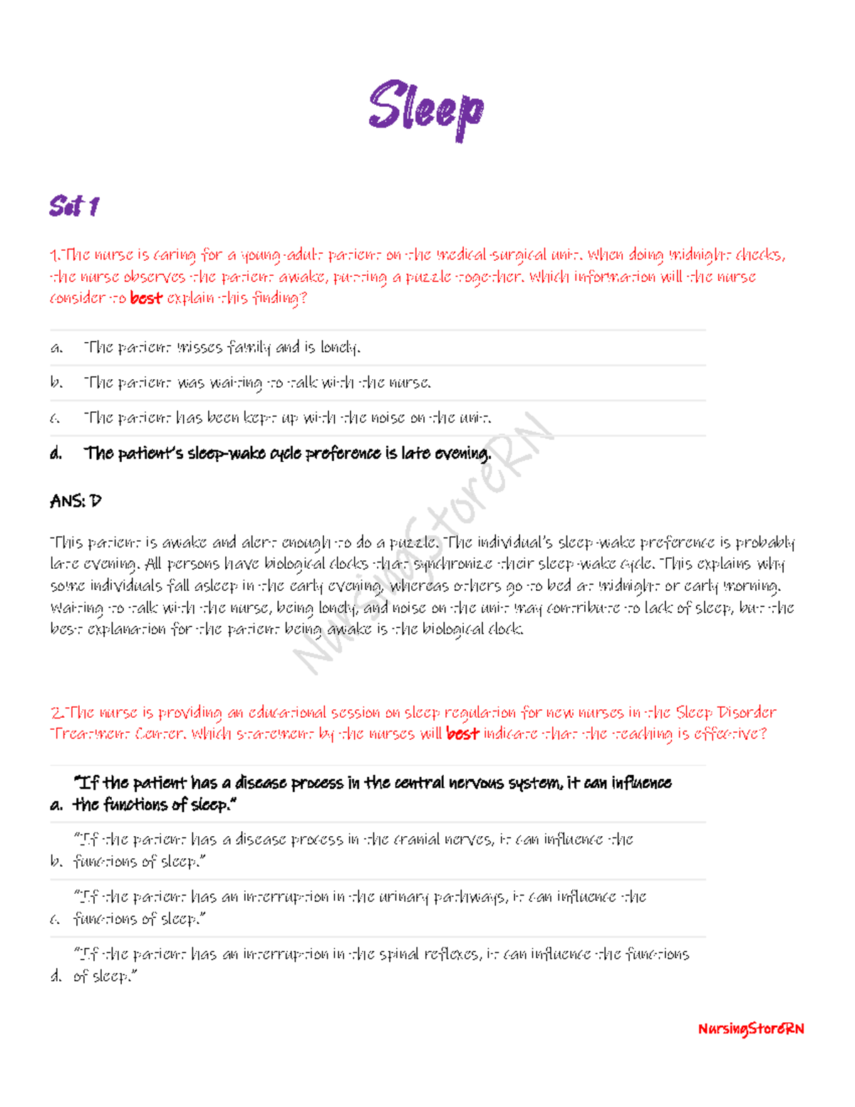 12-Sleep - Test Practice Questions for Nursing Students - Studocu
