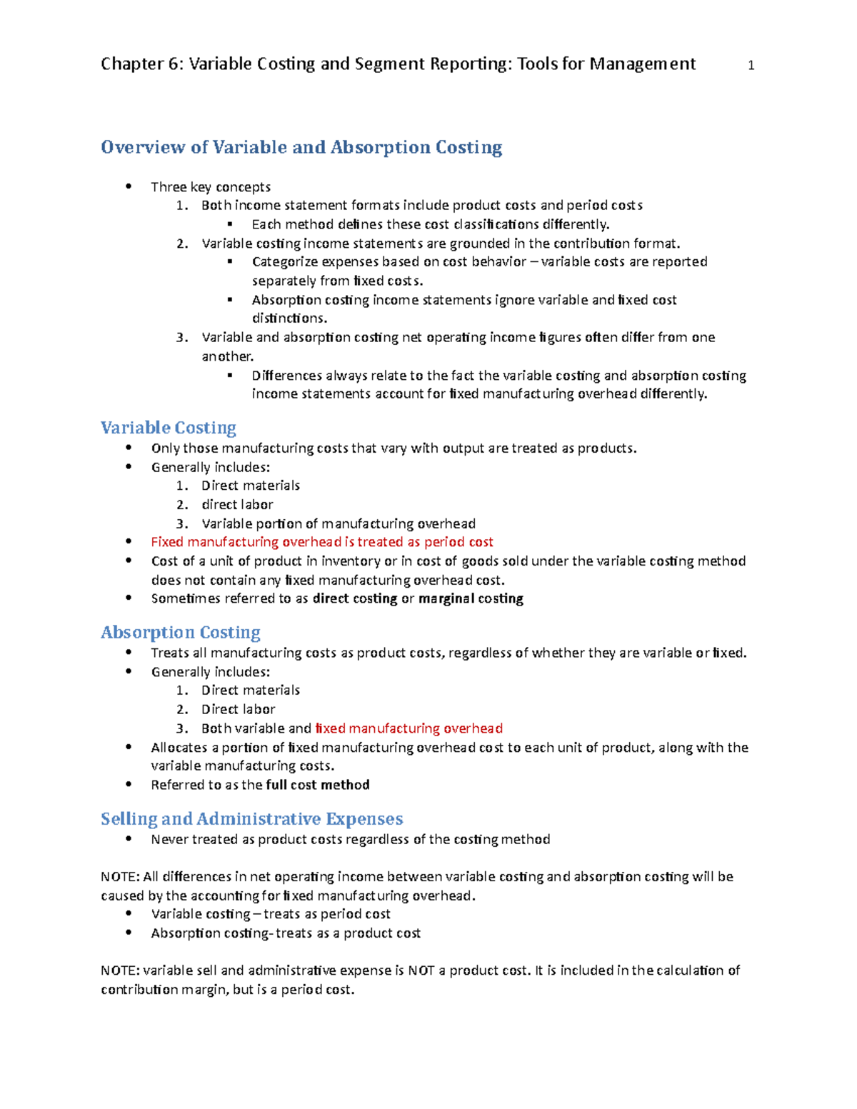 Ch 6 Final Exam Notes: Variable Costing & Segment Reporting Insights ...