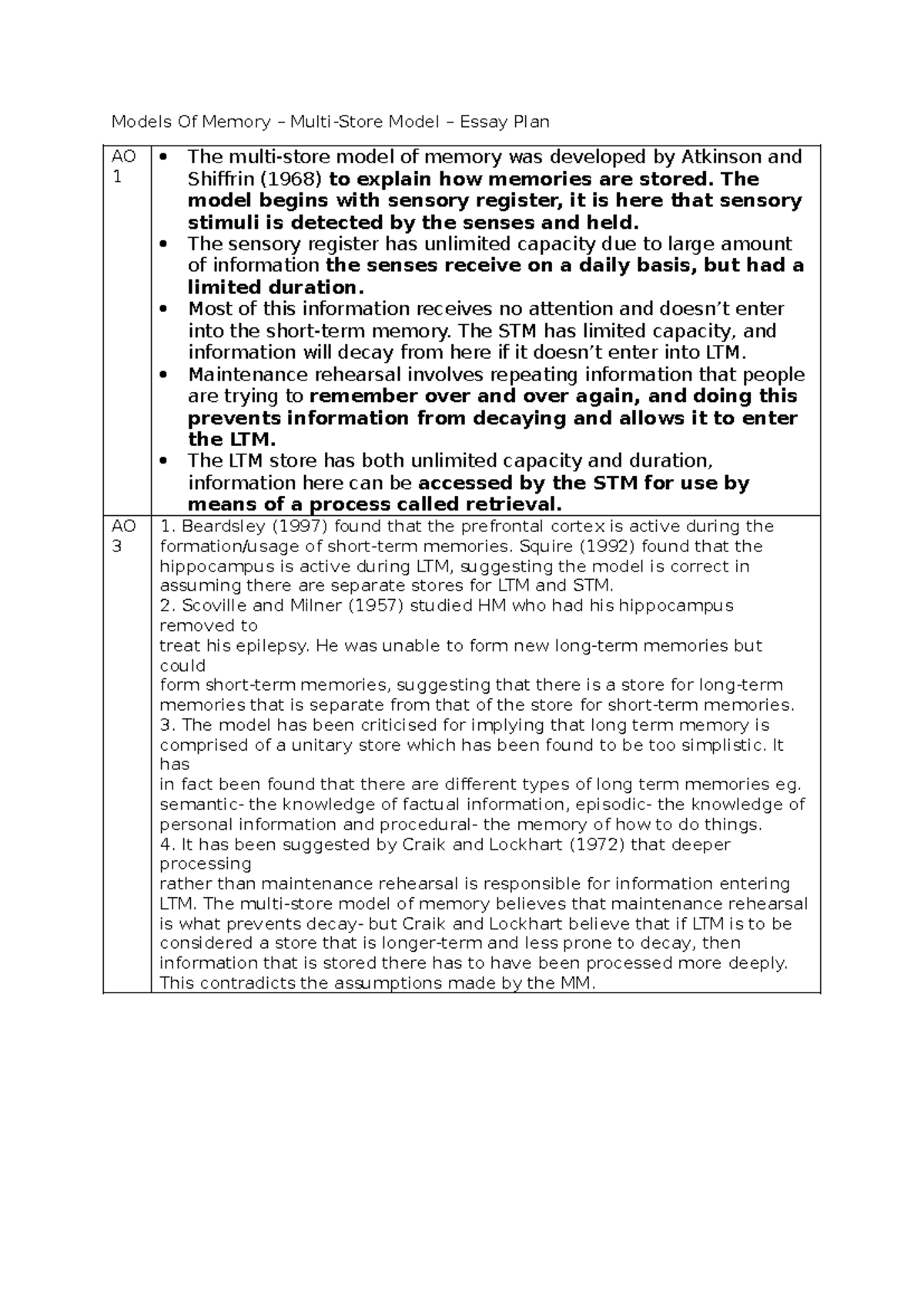 Psychology 101 - Multi-Store Model of Memory Essay Plan - Studocu