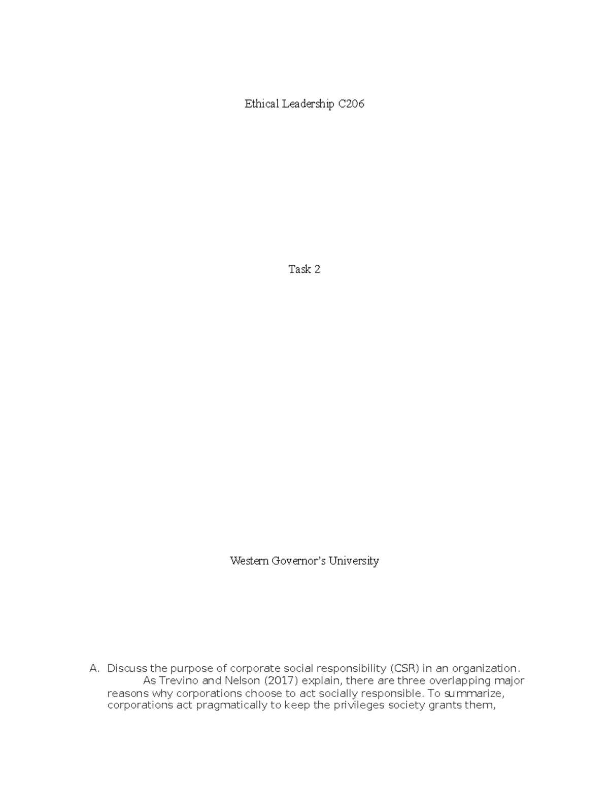 Ethical Leadership C206 Task 2: Corporate Social Responsibility ...