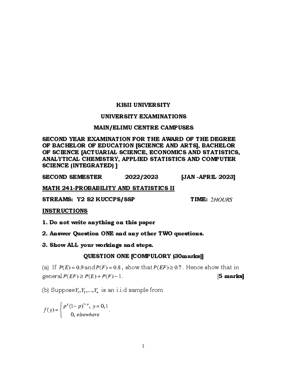 Math 241 - Final Exam: Probability and Statistics II Analysis - Studocu
