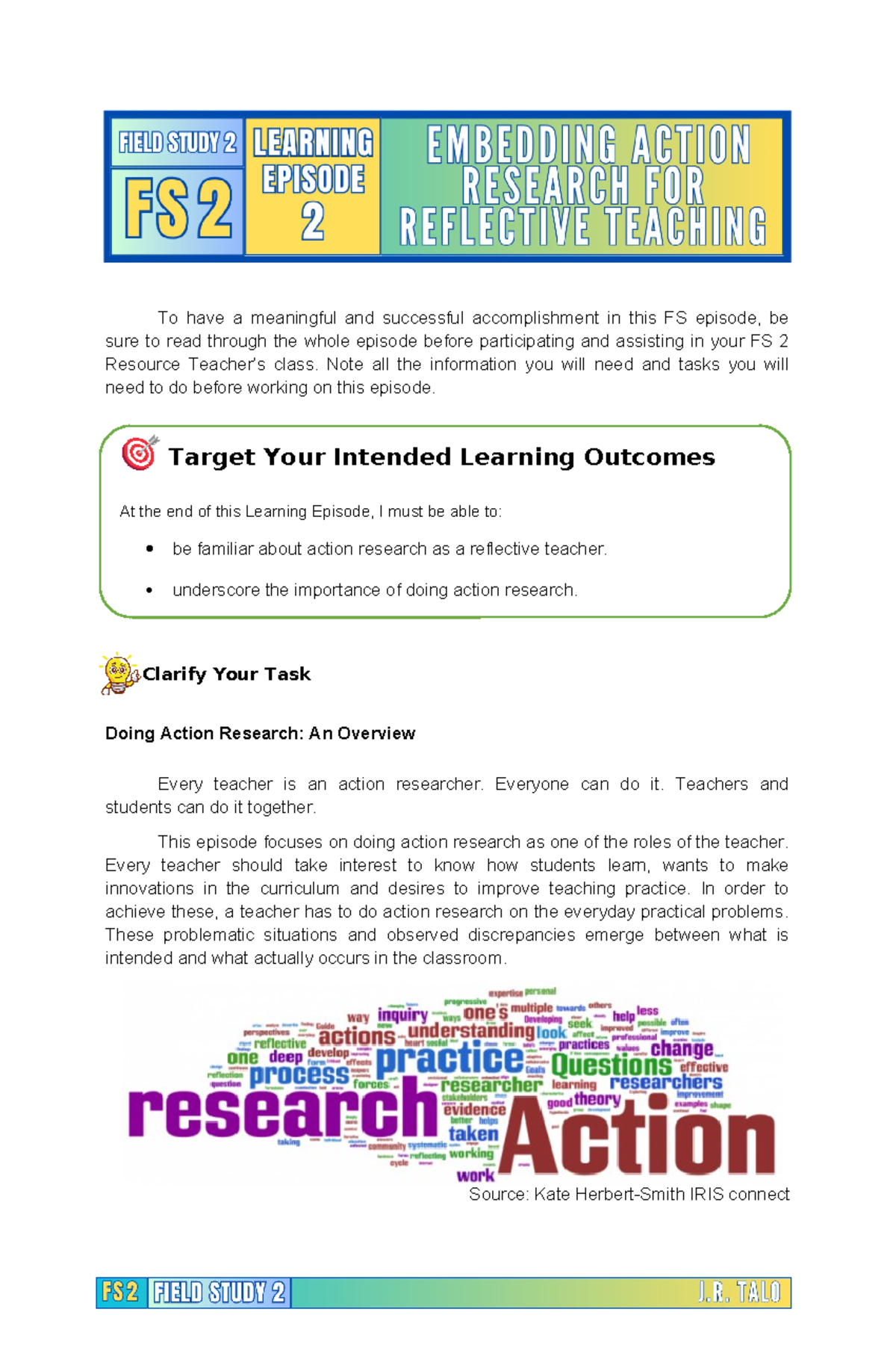 Field Study 2: Action Research Learning Episode Overview - Studocu