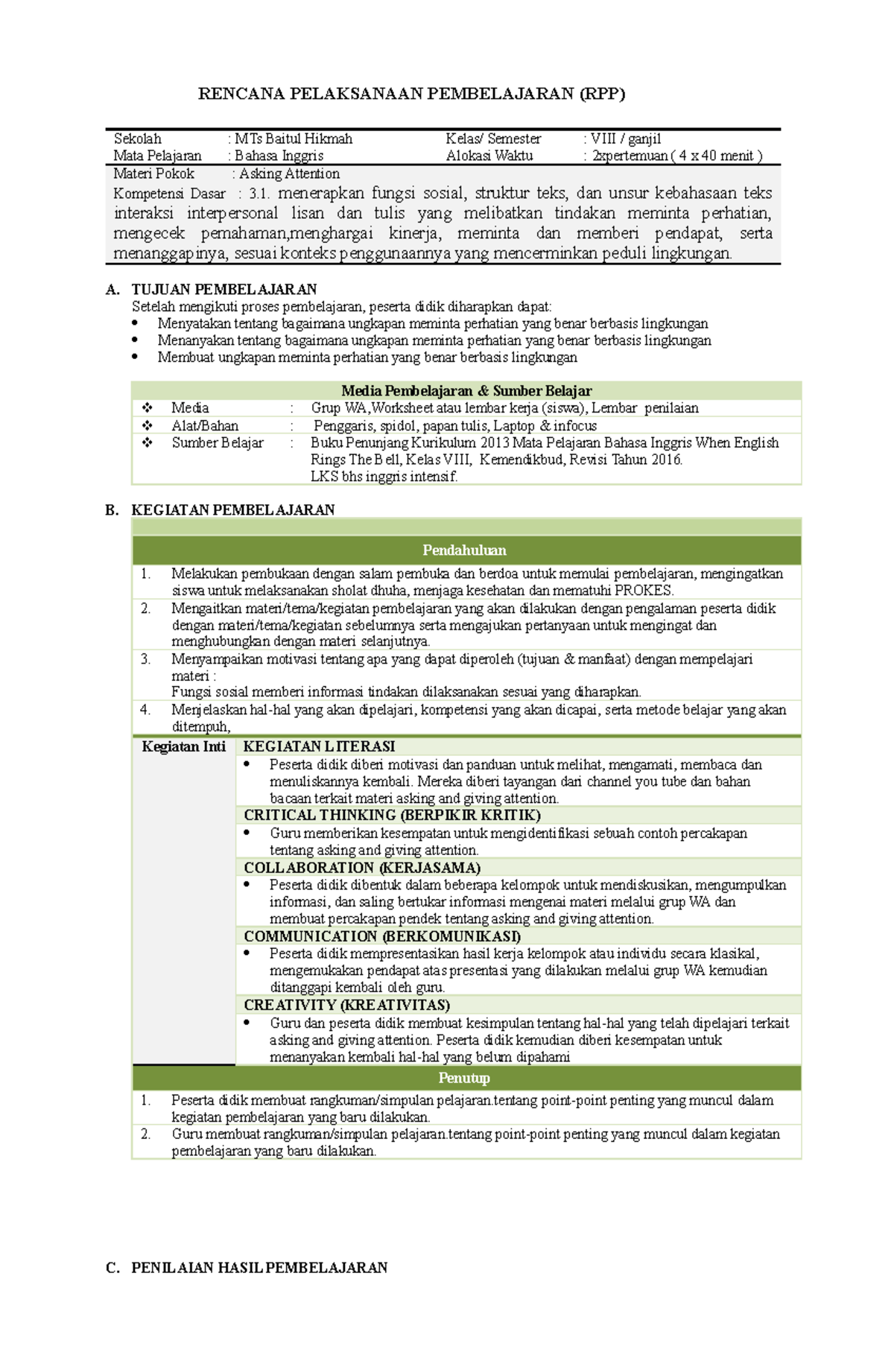RPP 3.1: Asking Attention - Lesson Plan for English Class VIII - Studocu