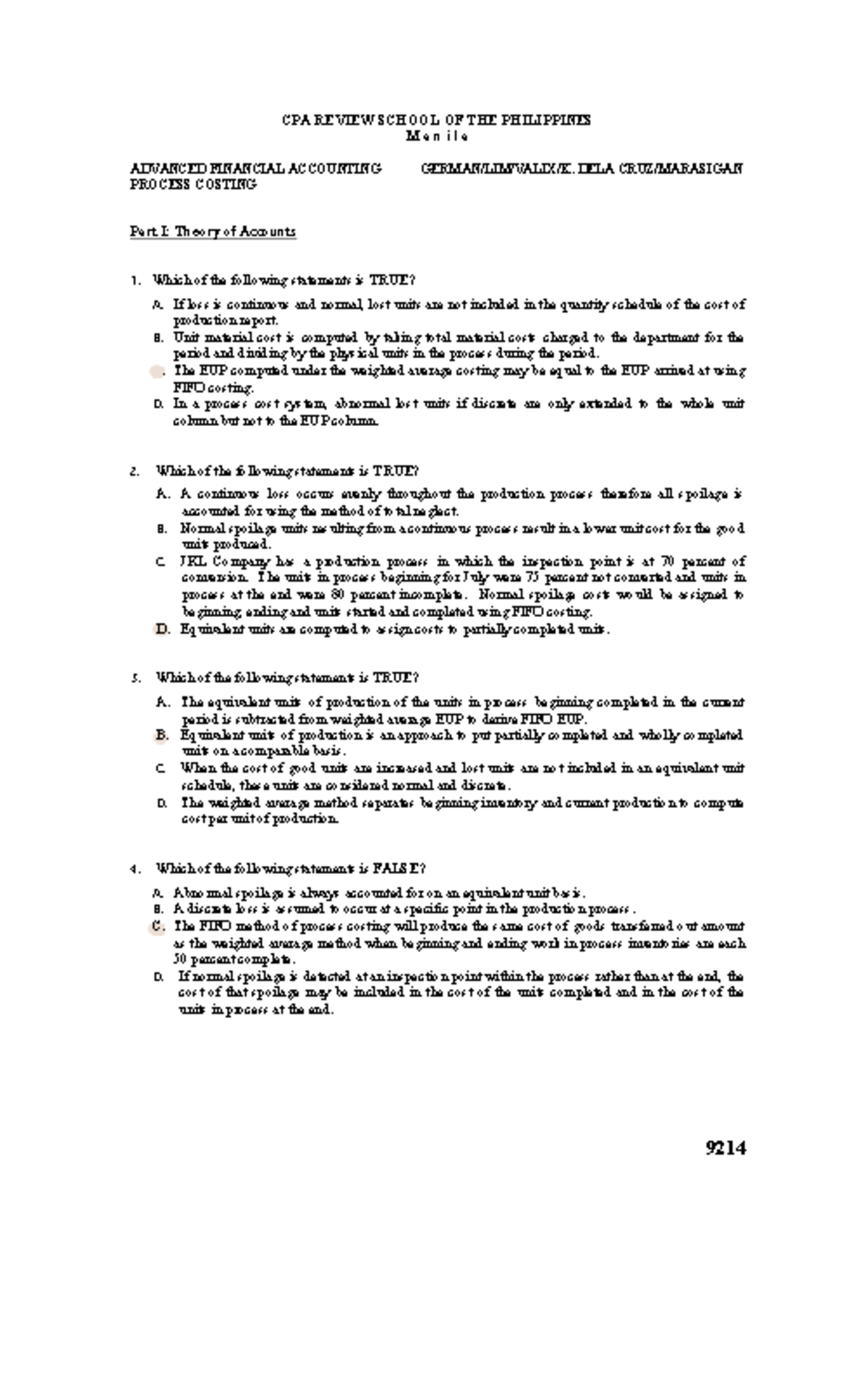 CPAR 9214 Process Costing Test Bank: Theory & Problem Solving - Studocu