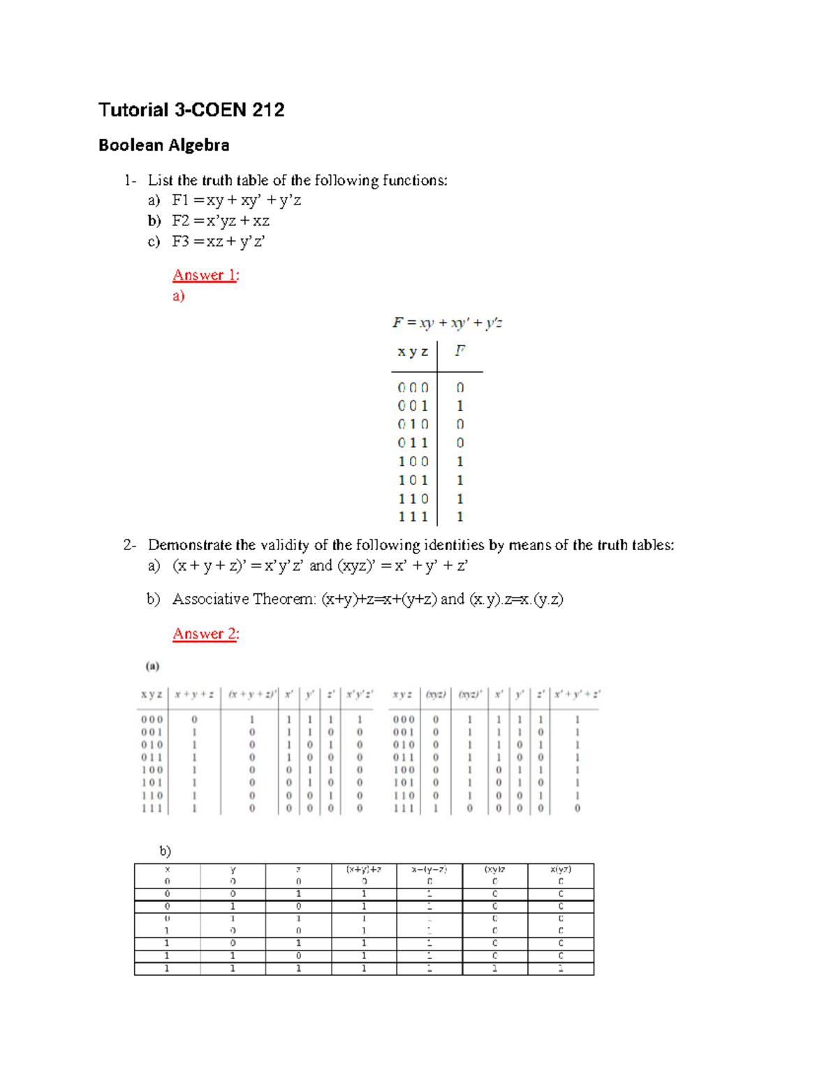 Tut3 Sol - Boolean Algebra Truth Tables and Identities - Studocu