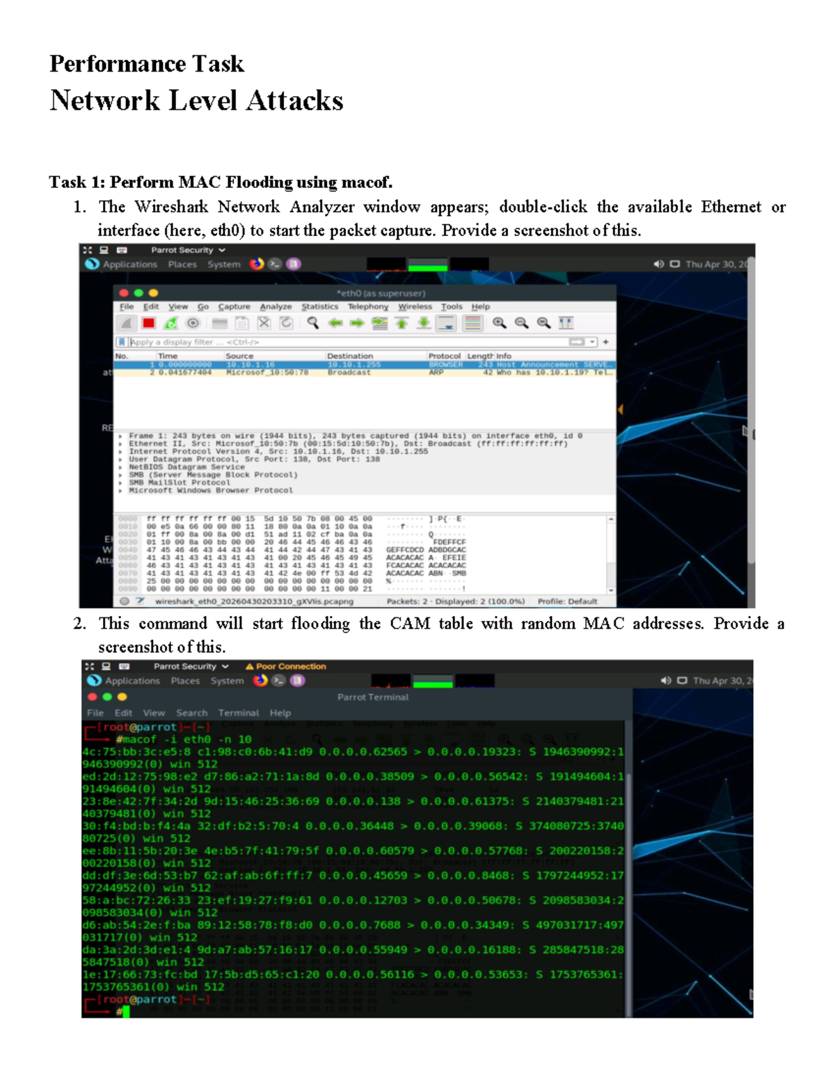 Performance Task: MAC Flooding with macof - Network Level Attacks - Studocu