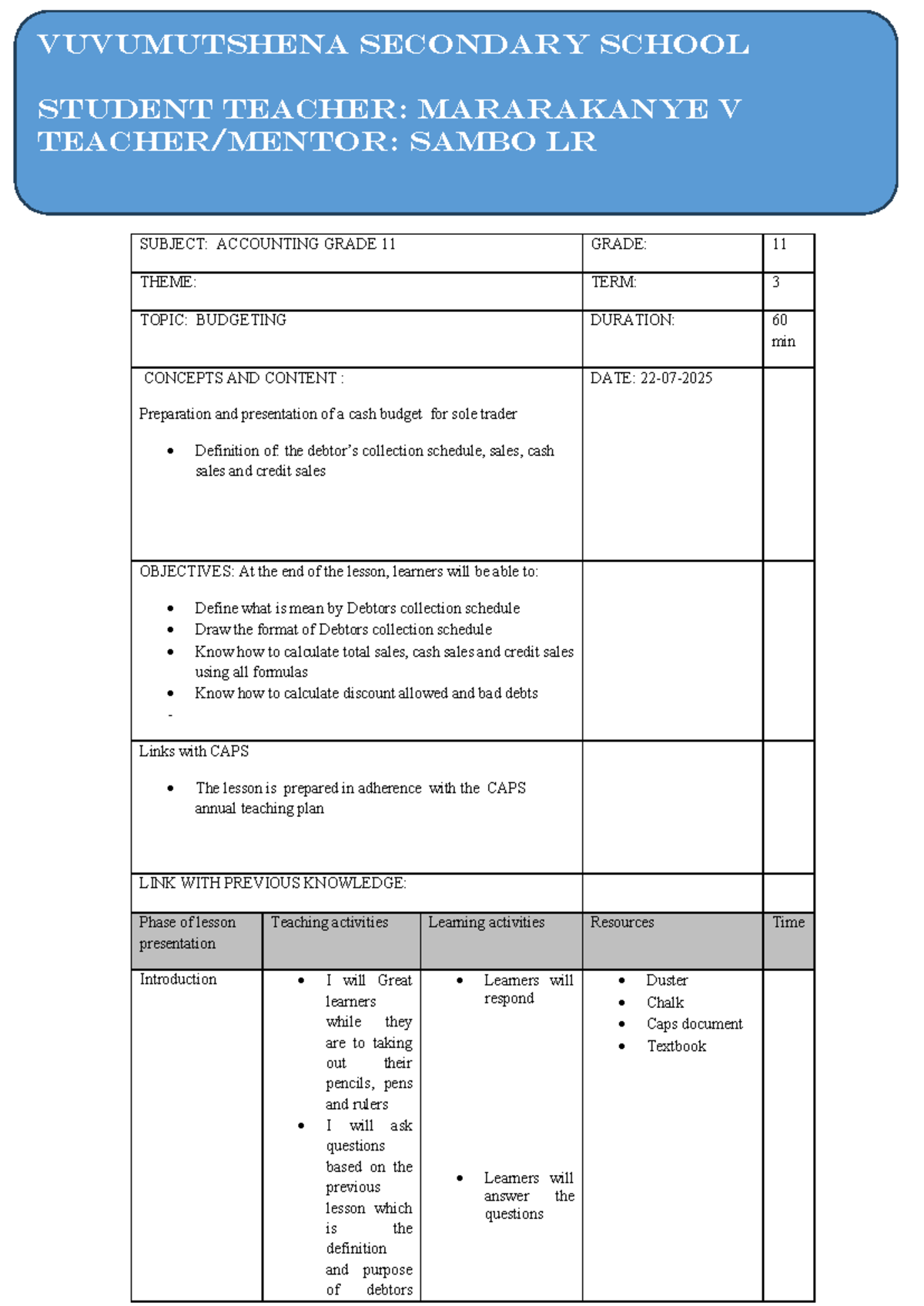 Grade 11 Accounting Lesson: Cash Budgeting & Debtors Schedule - Studocu