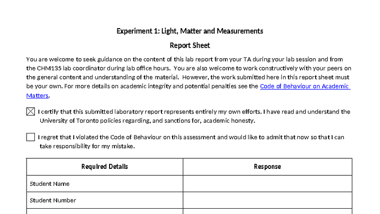 CHM135 Lab 1: Light, Matter & Measurements Report Sheet - Studocu