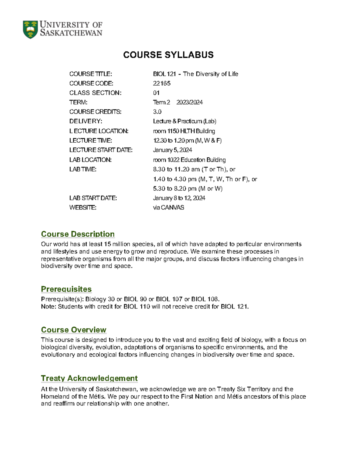 BIOL 121 Course Syllabus for Term 2 - 2023/2024 at U of S - Studocu