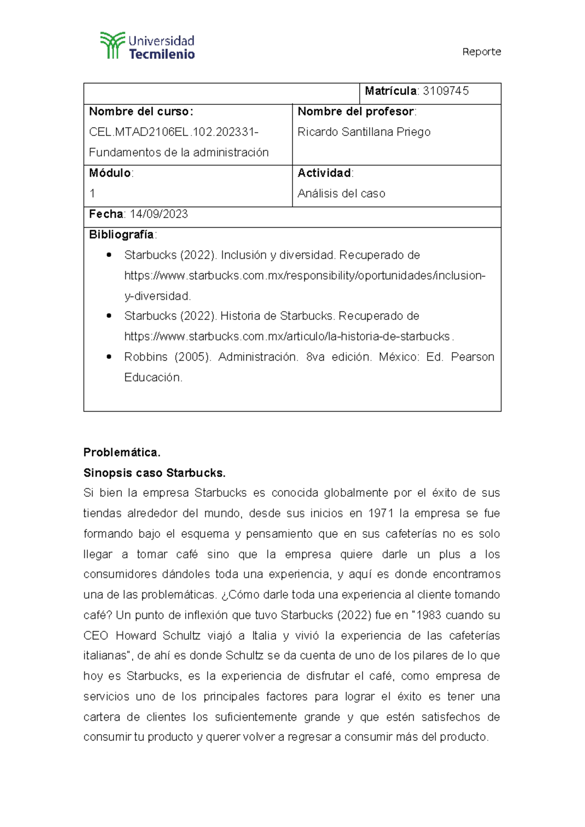 Fundamentos de la admin Act 1 - Matrícula: 3109745 Nombre del curso ...