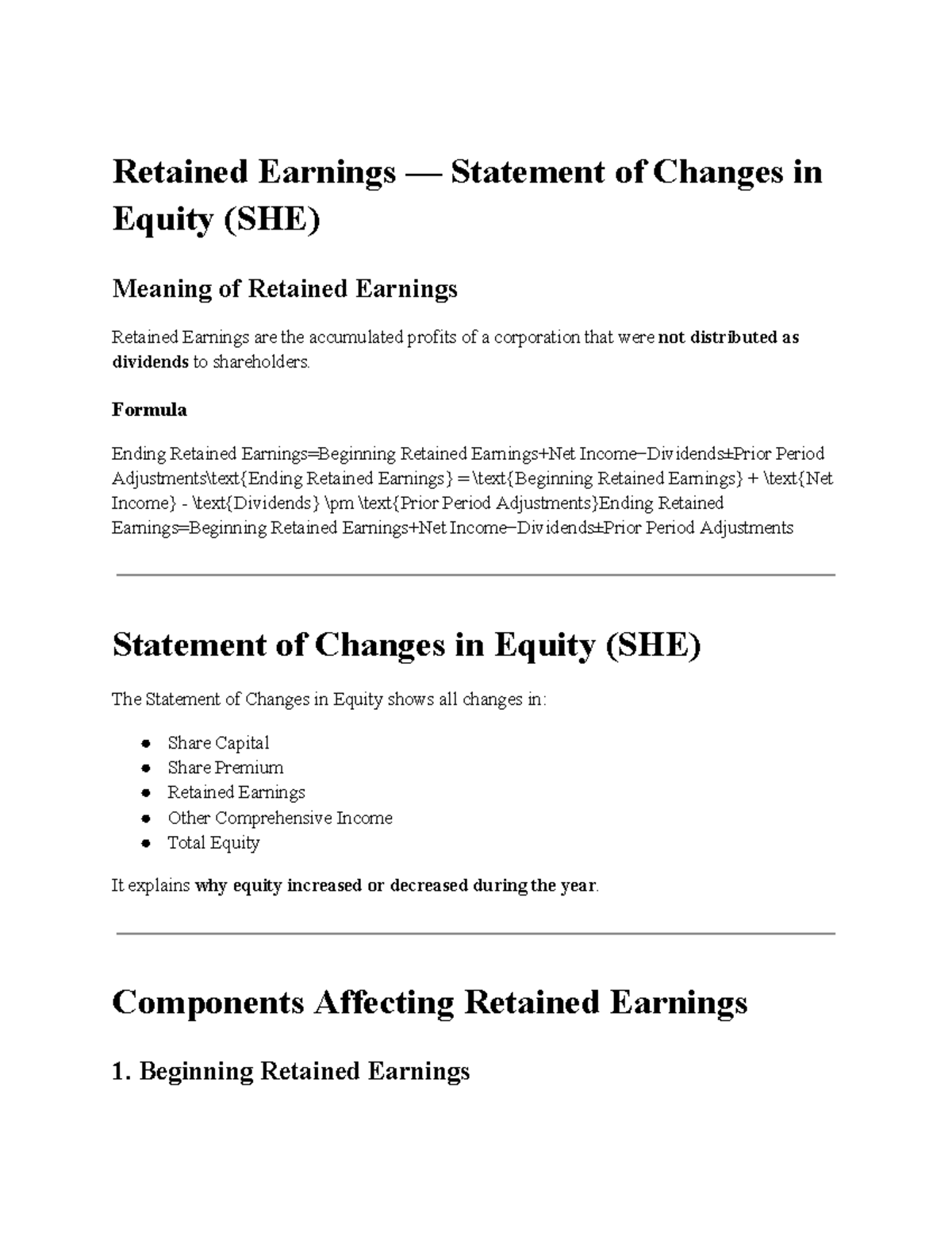 Retained Earnings & Changes in Equity (SHE) Self-Test Guide - Studocu