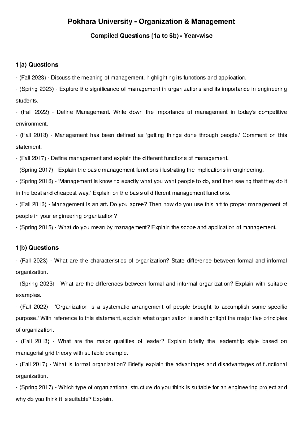 Organization Management Questions 1a to 6b (Fall 2023) - Studocu