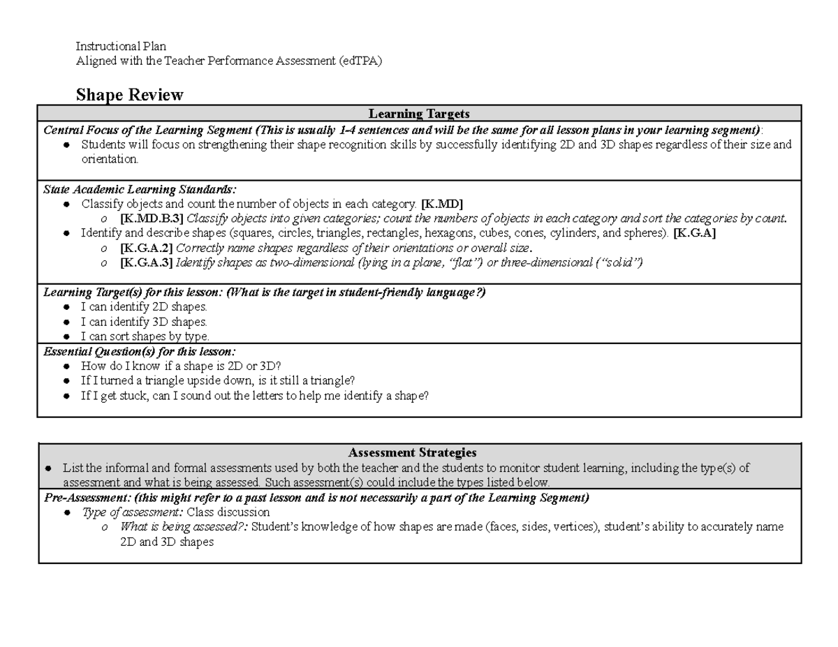 Math Shape Review Instructional Plan (edTPA) for 2D & 3D Shapes - Studocu