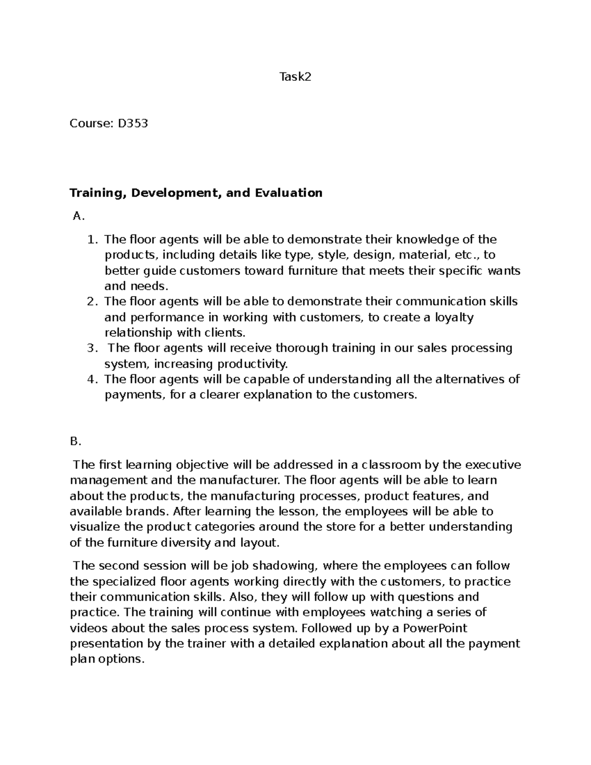 D353 Training Program for Floor Agents: Objectives & Methods - Studocu