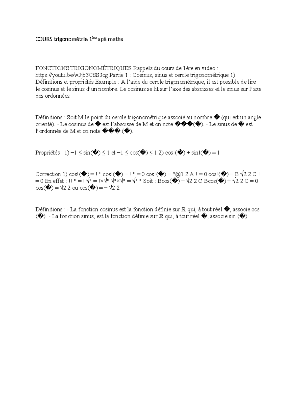 Cours de Trigonométrie 1ère Spé Maths Fonctions Trigonométriques — free download