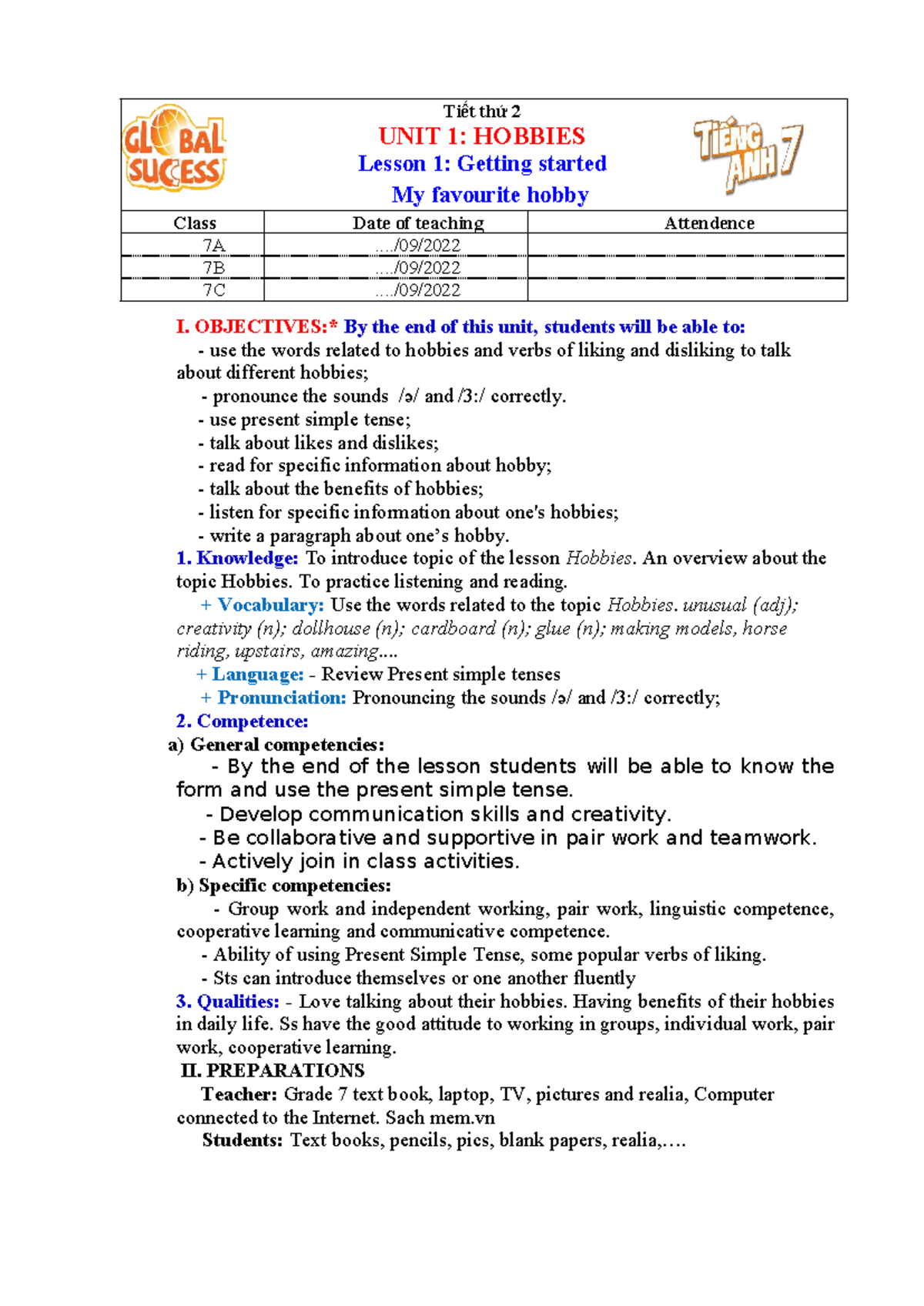 Unit 1 - Lesson 1: Getting Started with Hobbies (Class 7A, 7B, 7C ...