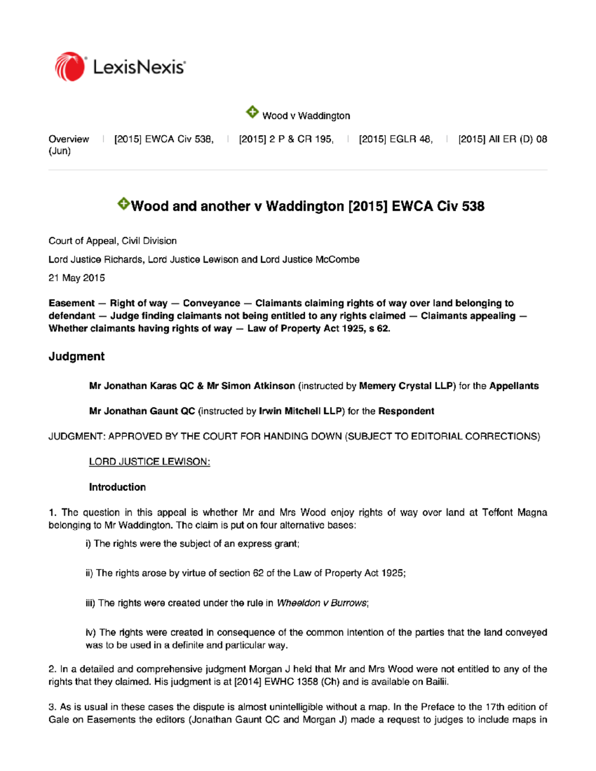Judgment Overview: Wood & Another v Waddington [2015] EWCA Civ 538 ...
