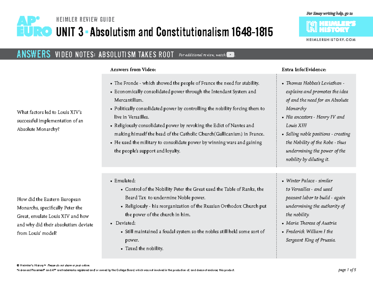 AP EURO HRG Unit 3 Absolutism & Constitutionalism Study Guide Answers ...
