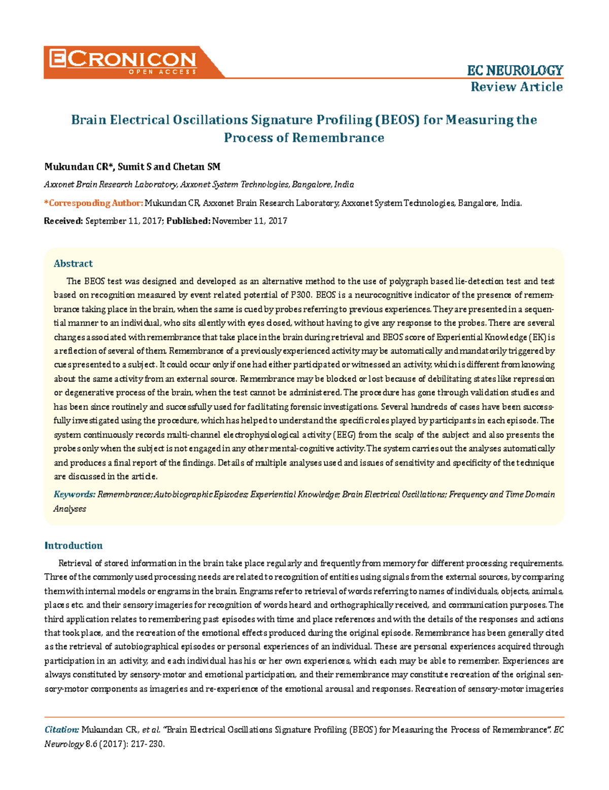 BEOS & Remembrance-ECNE-08-00256 - Cronicon O P E N A C C E S S EC ...