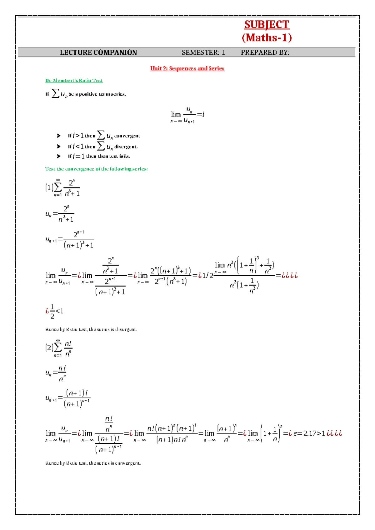 Infinite Sequence Notes: Convergence Tests and Series Analysis (SEM1 ...