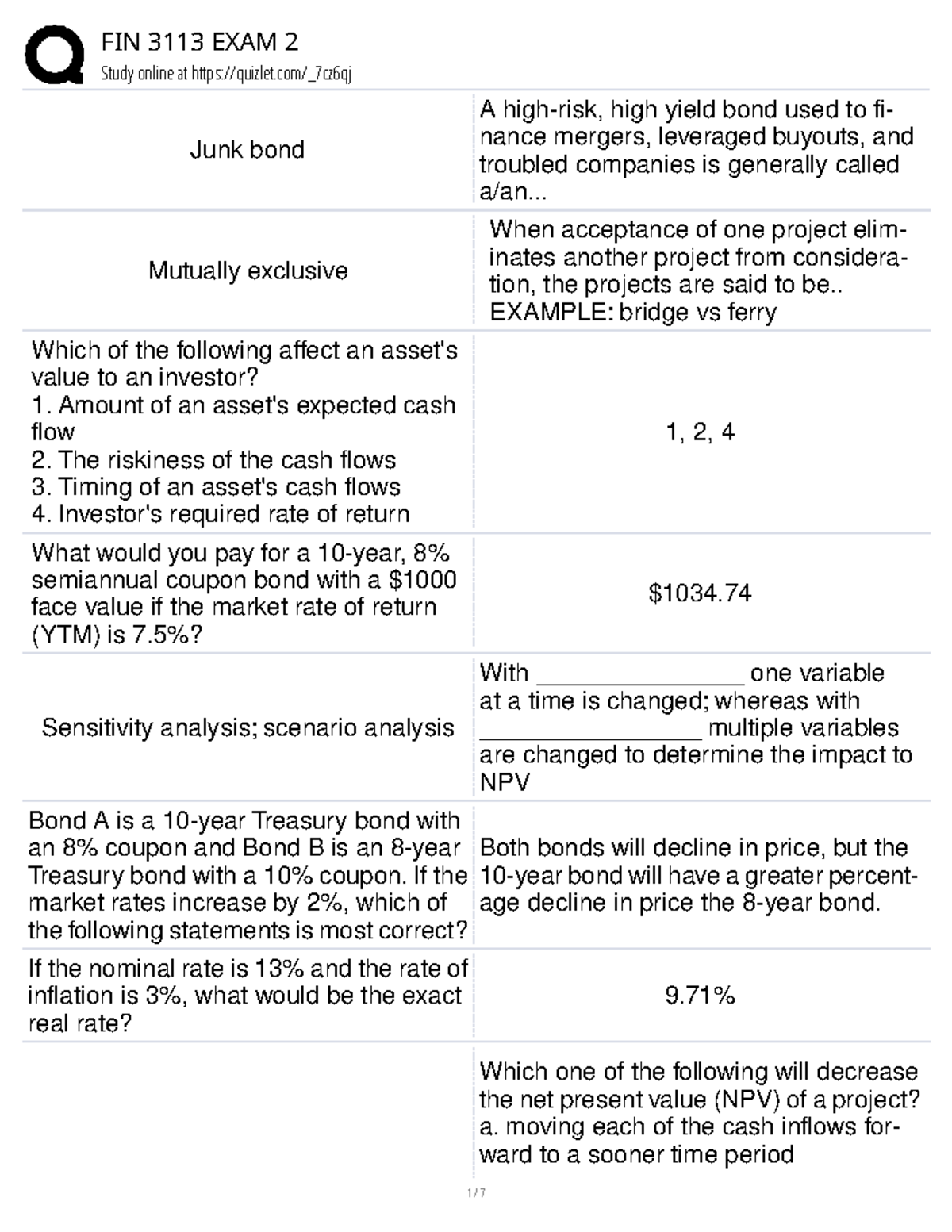 FIN 3113 Final Exam 2 Review Notes and Study Guide - Study online at ...