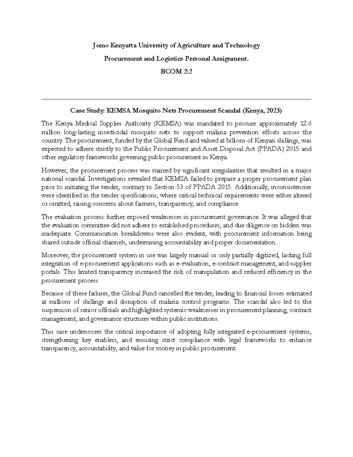 BCOM 2:2 Case Study: KEMSA Mosquito Nets Procurement Scandal Analysis ...