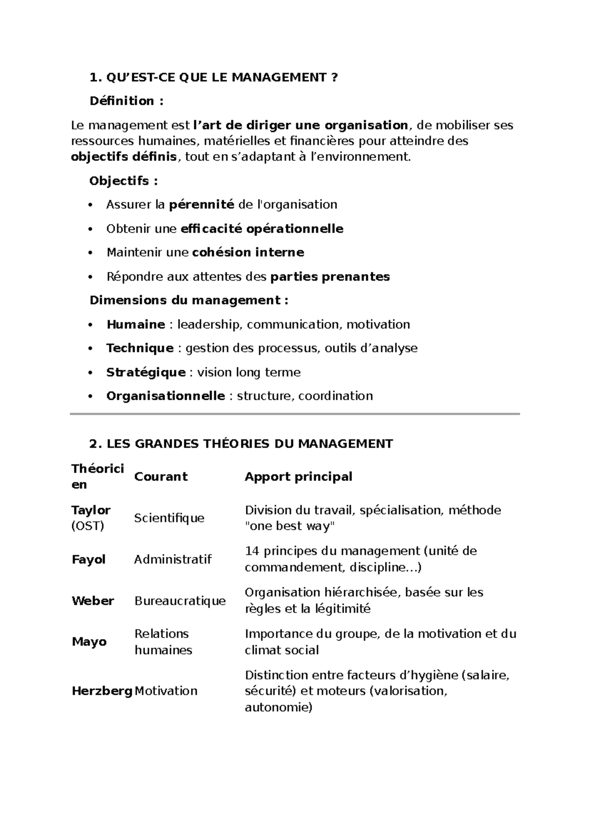 Fiche de Révision : Management - Concepts et Théories (MNG101) - Studocu