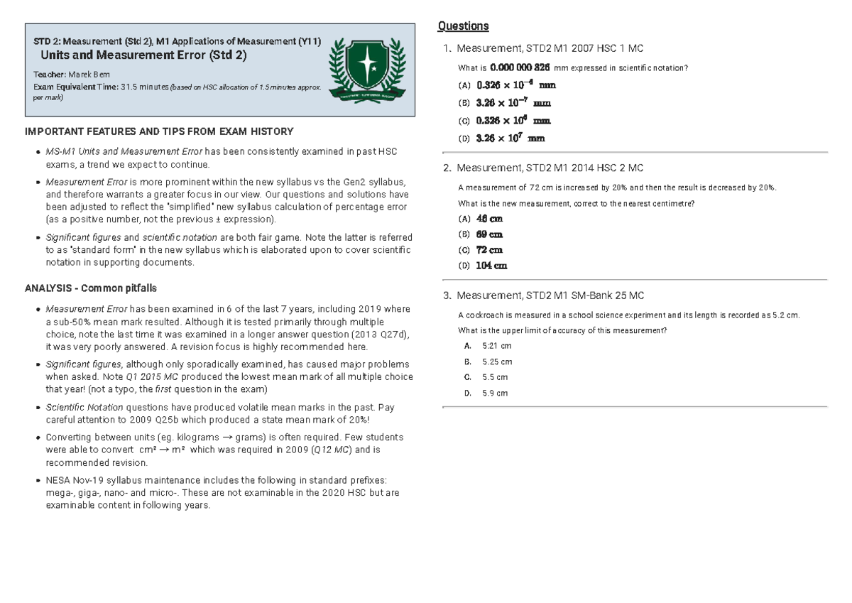 Units and Measurement Error Analysis for Std 2 (M1) Exam Prep - Studocu