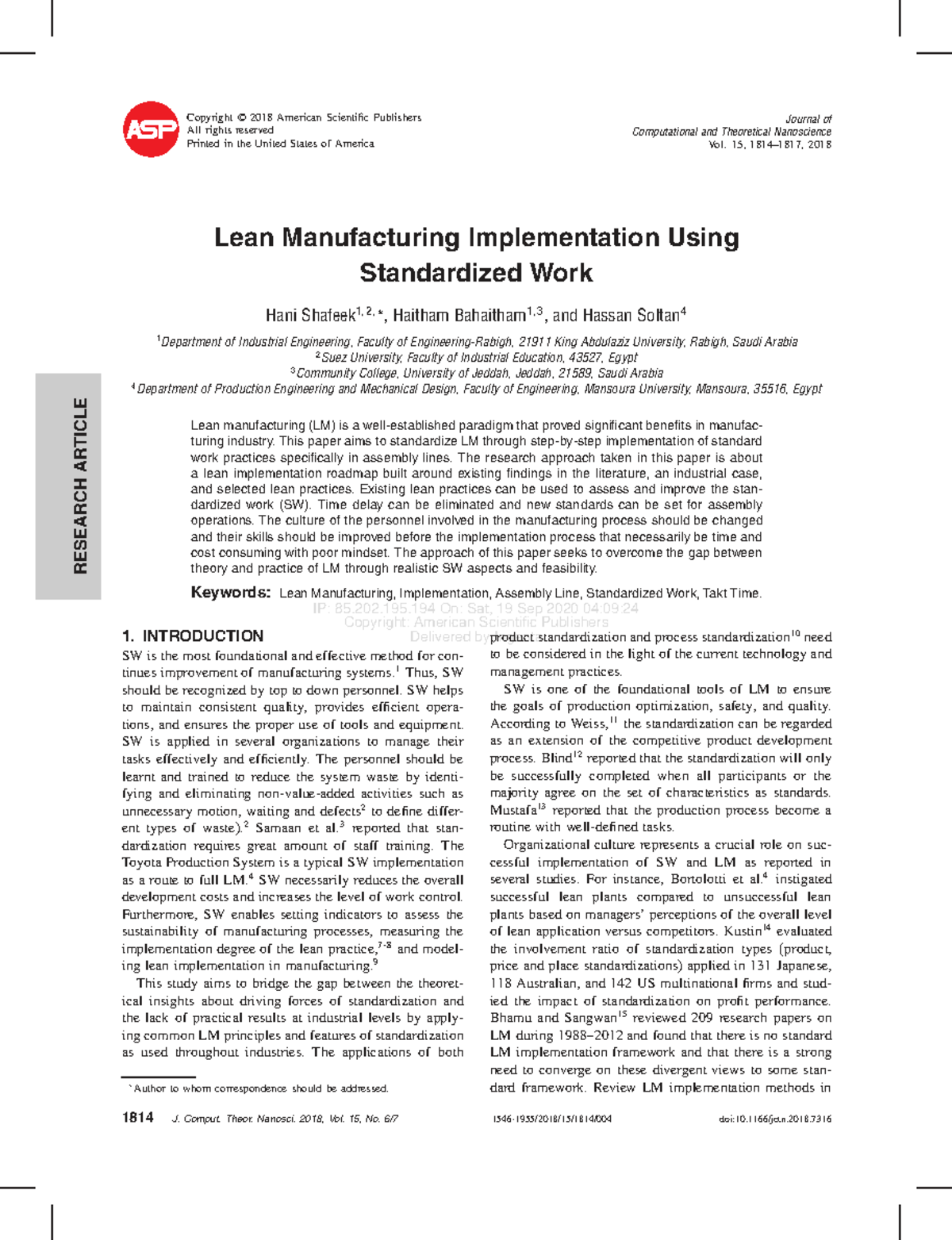 Lean Manufacturing Implementation Using Standardized Work (ENGR 21911 ...