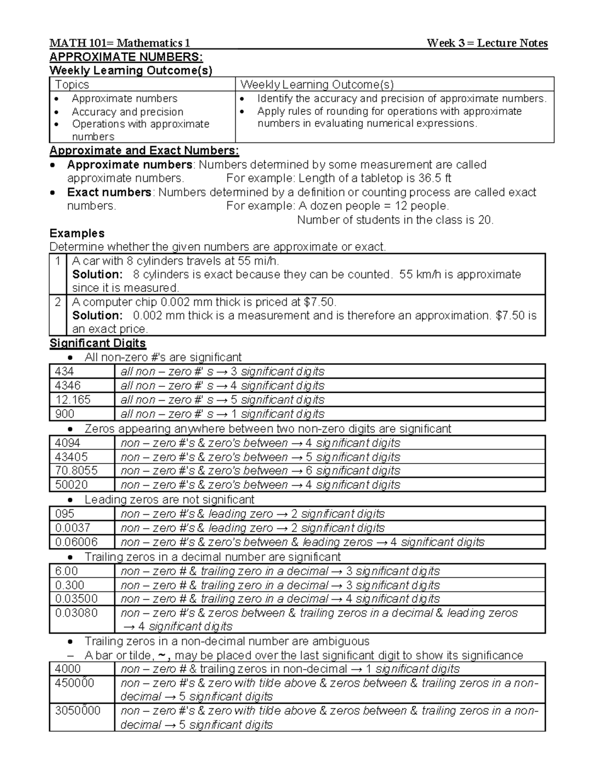 MATH 101 Week 3 Lecture Notes: Approximate Numbers & Precision - Studocu