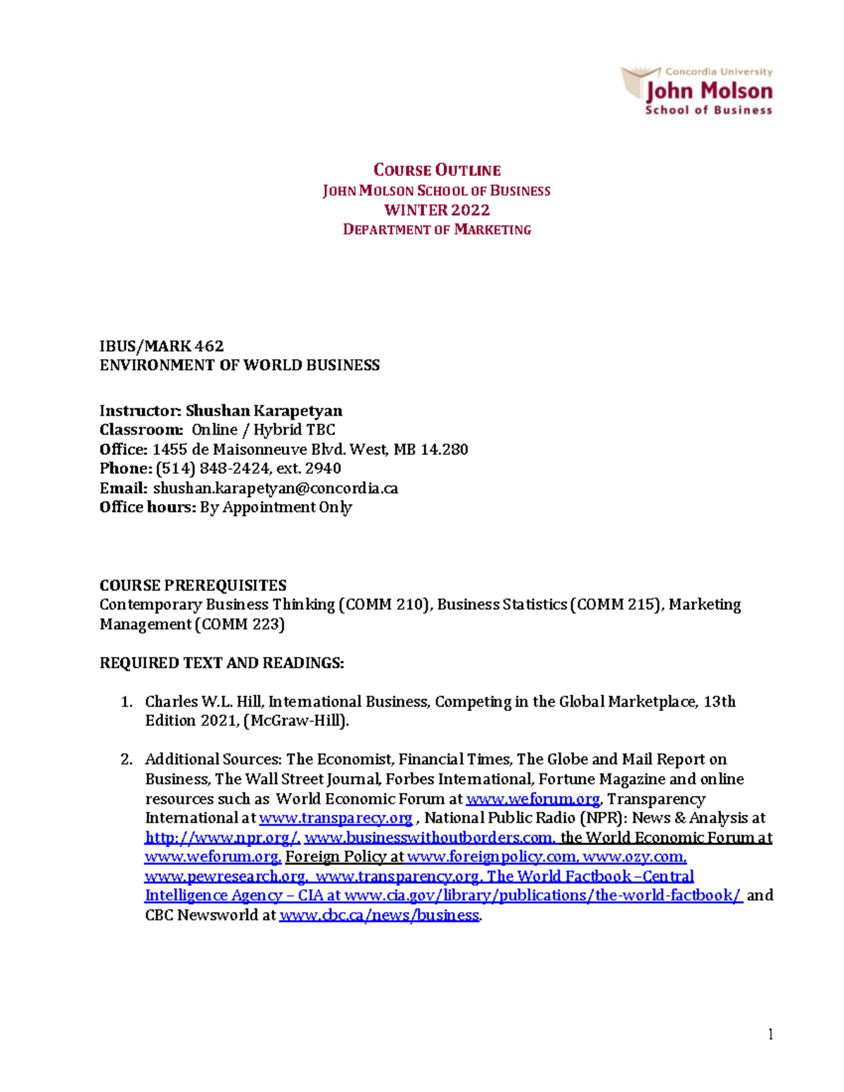MARK 462 Course Outline: Environment of World Business - Winter 2022 ...