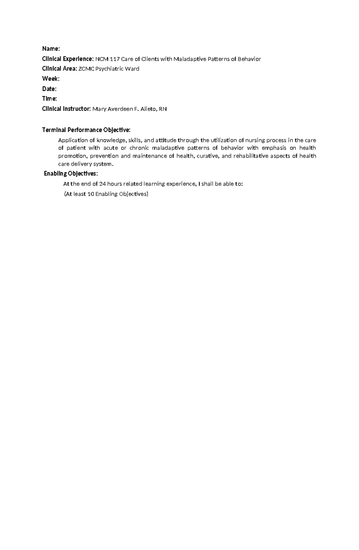 NCM 117 Clinical Experience Notes - ZCMC Psychiatric Ward - Studocu