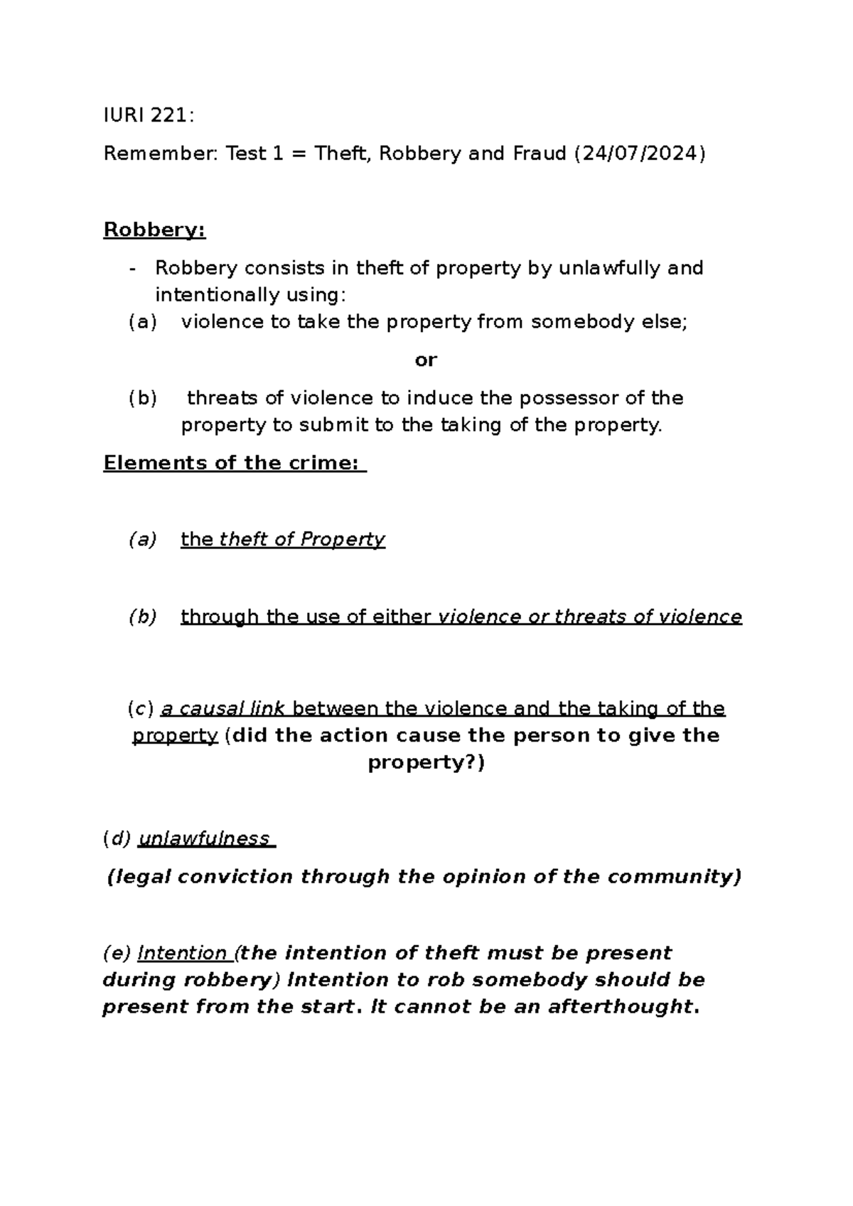 IURI 221: Class Notes on Theft, Robbery, and Fraud Elements - Studocu