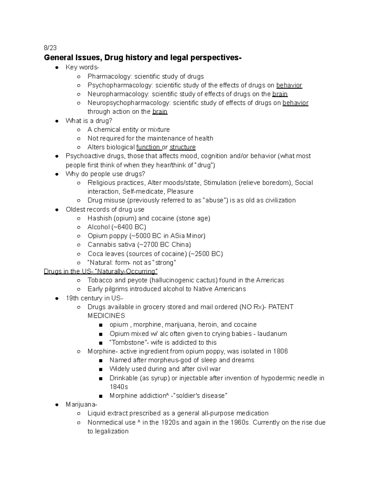 Psych 330 Notes - 8/ General Issues, Drug History And Legal ...