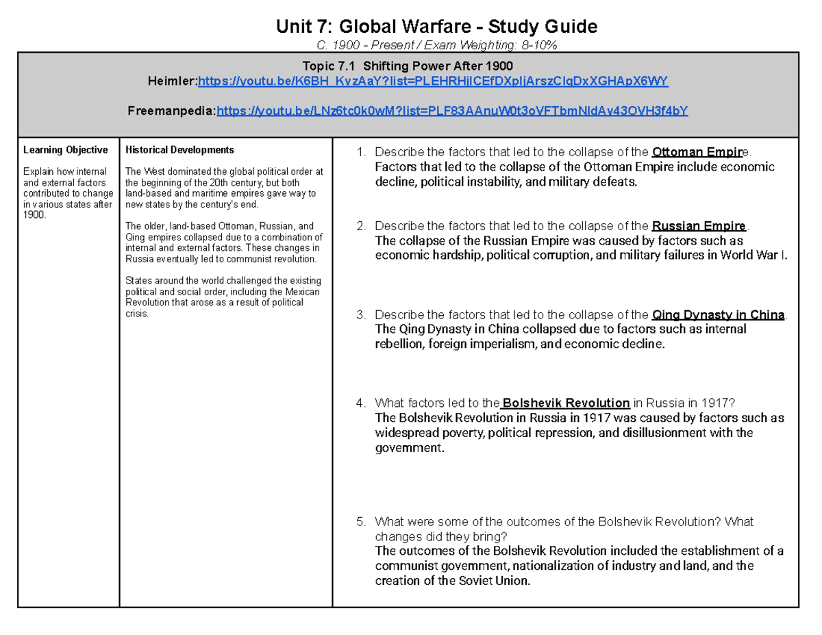 Fatima Merah - Unit #7 Review Packet - Unit 7: Global Warfare - Study ...