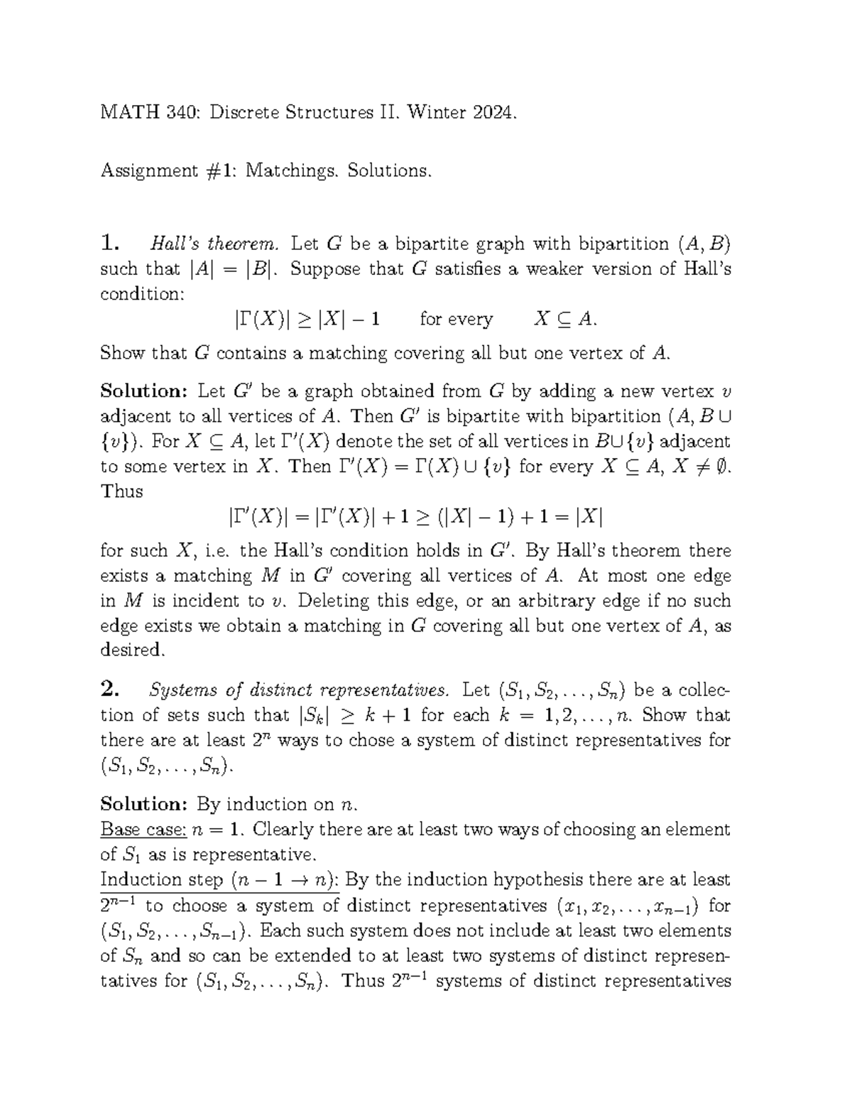MATH340HW1W24Solutions - Copy - MATH 340: Discrete Structures II ...