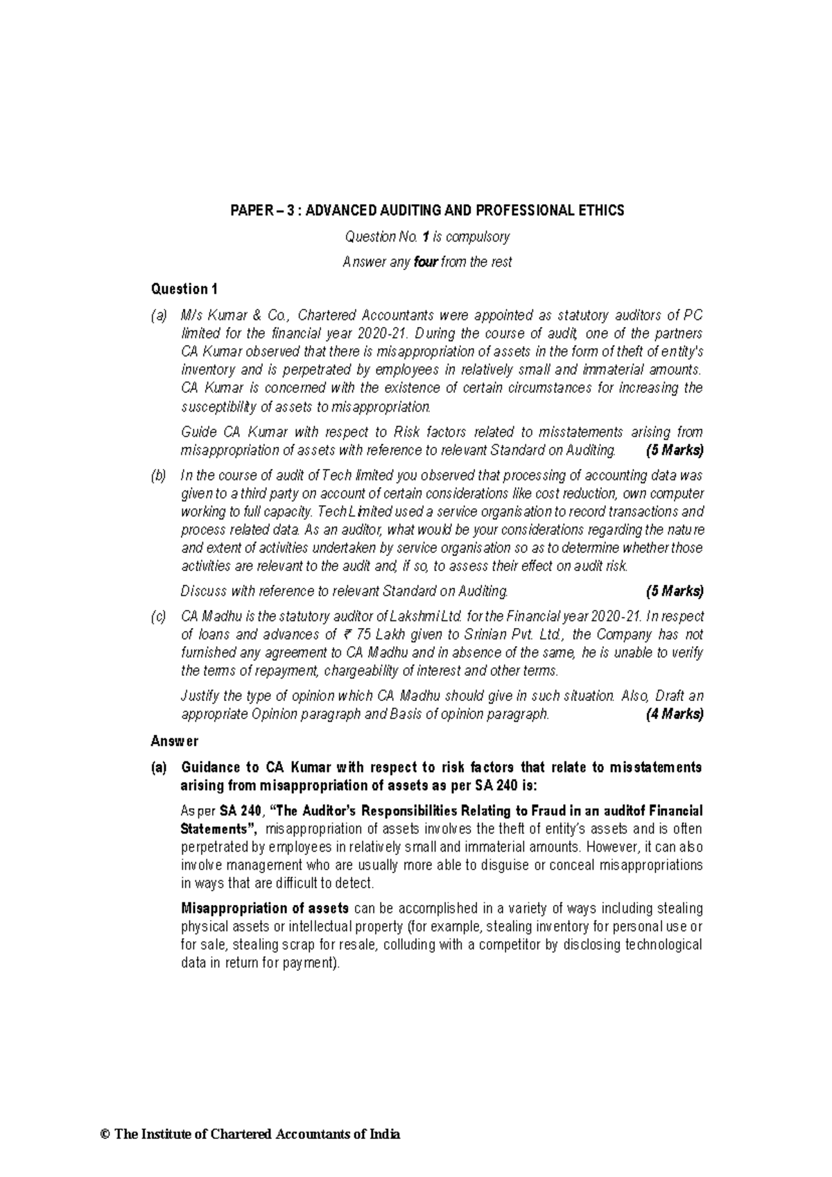 CA Final Dec 2021 Advanced Auditing & Prof Ethics Exam Questions - Studocu