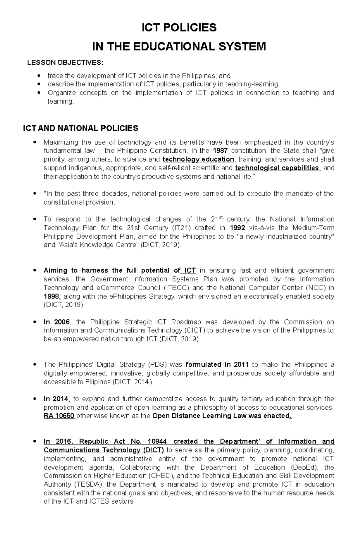 ICT-ICT 2: Midterm Review on ICT Policies in Education - Studocu