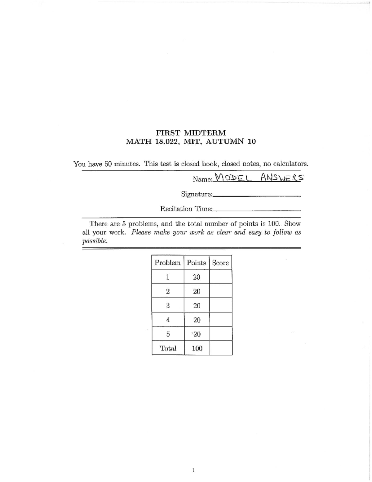 Model Answers for MIT 18.022 First Midterm Exam, Autumn 2010 - Studocu