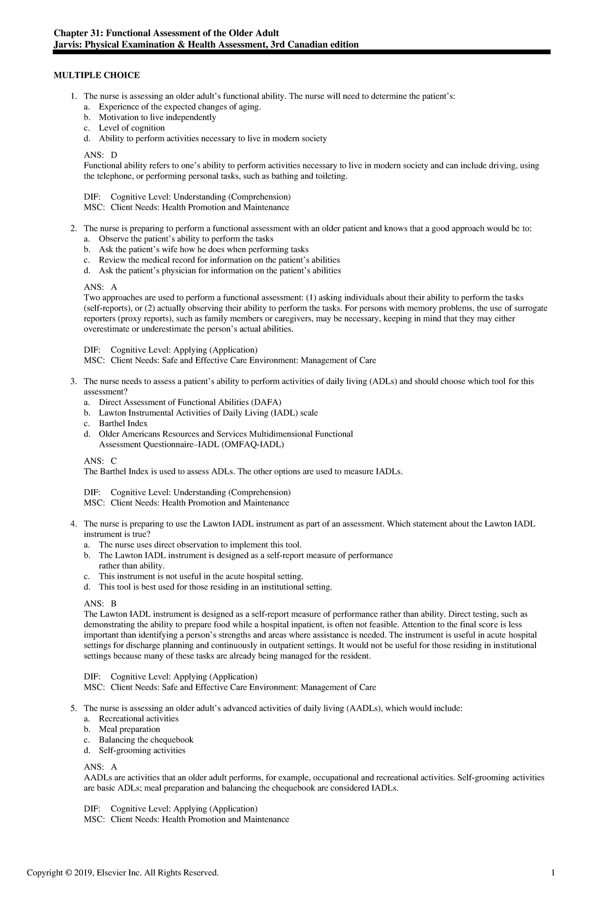 Exam View - Chapter 31: Functional Assessment of Older Adults - Studocu