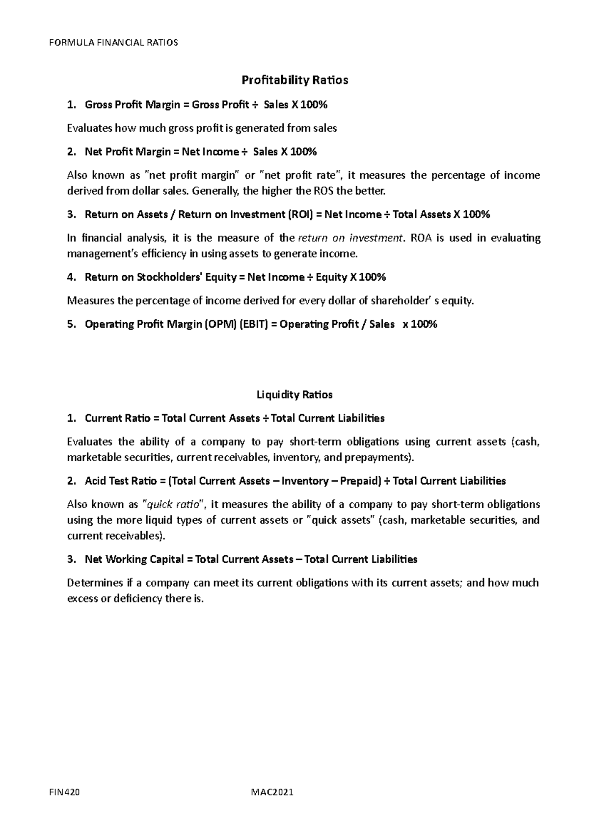 Formula Financial Ratios Overview for FIN420 Course - Studocu