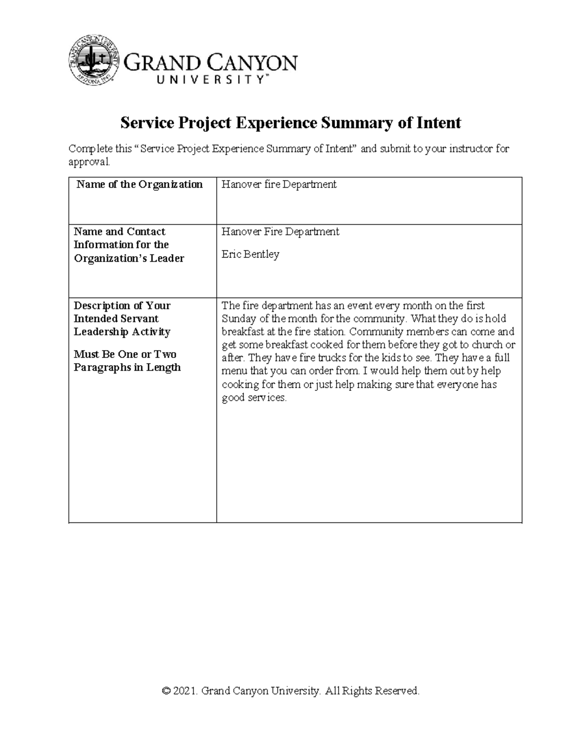 MGT-410-RS Service Project Intent: Hanover Fire Department Summary ...