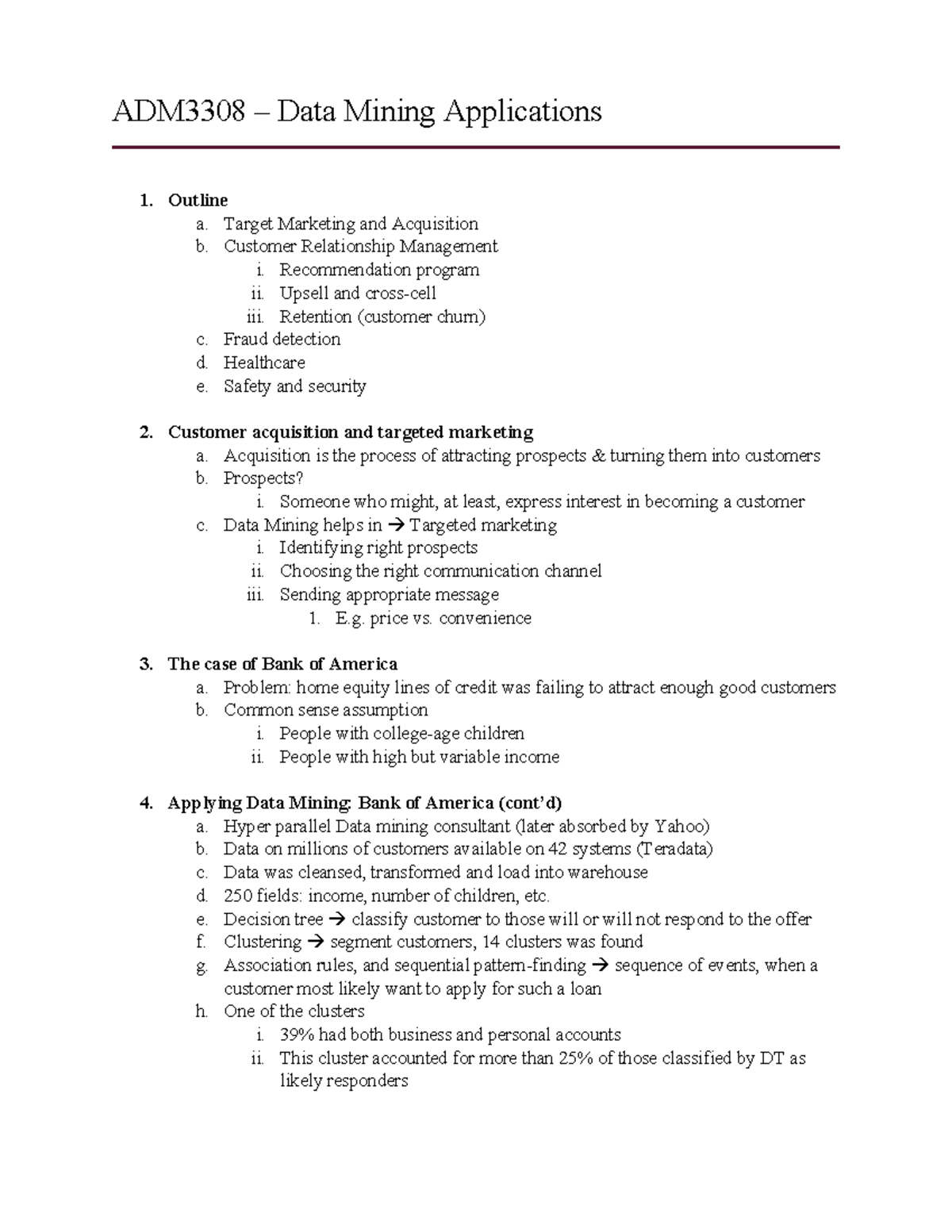 ADM3308 Data Mining Applications: Target Marketing & CRM Insights - Studocu